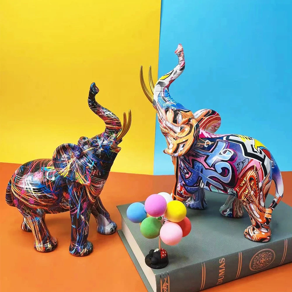 Kreatives Elefanten-Graffiti-Statuen-Set aus Kunstharz 